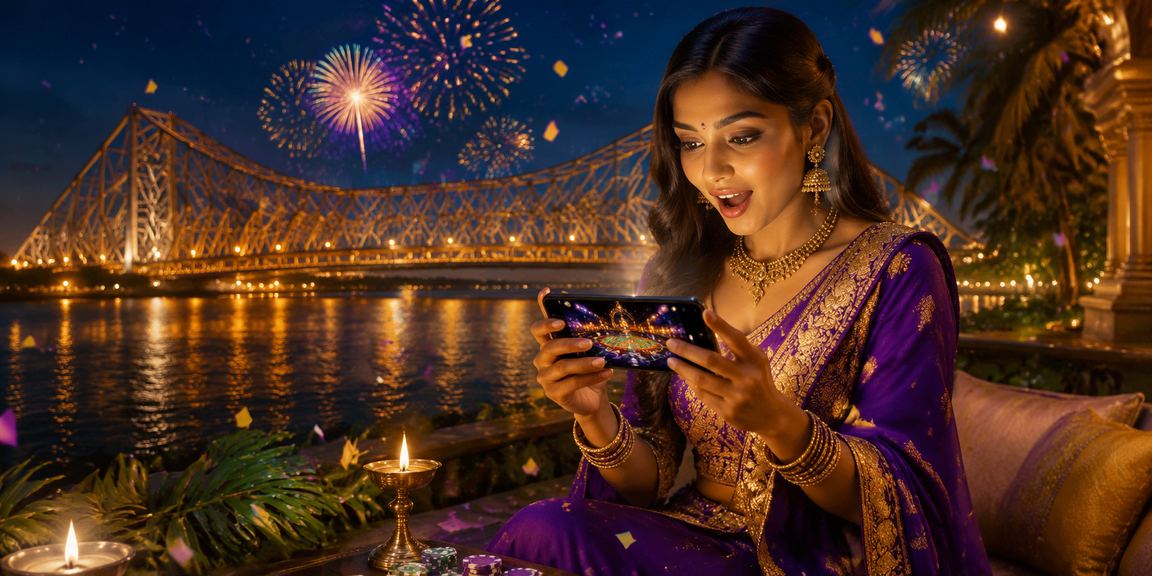 Teen Patti players enjoying game on mobile at Kolkata with vibrant blue and gold theme